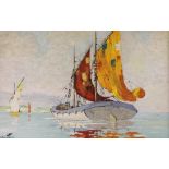 Manner of D'Oyly John, oil on board, Sailing ship off the coast, bears signature, 31 x 49cm