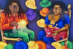 Haitian School, oil on canvas, Hat maker and a woman nursing a child, signed, 98 x 149cm