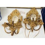 A pair of ormolu three branch girandole mirrors, c.1900, Converted to electricity, 40 cm high