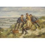 English School, 20th century, oil on canvas, Four fisherfolk sat along the shore, indistinctly