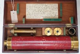 A cased early 19th century brass astronomical telescope, by Dollond, London, with separate screw