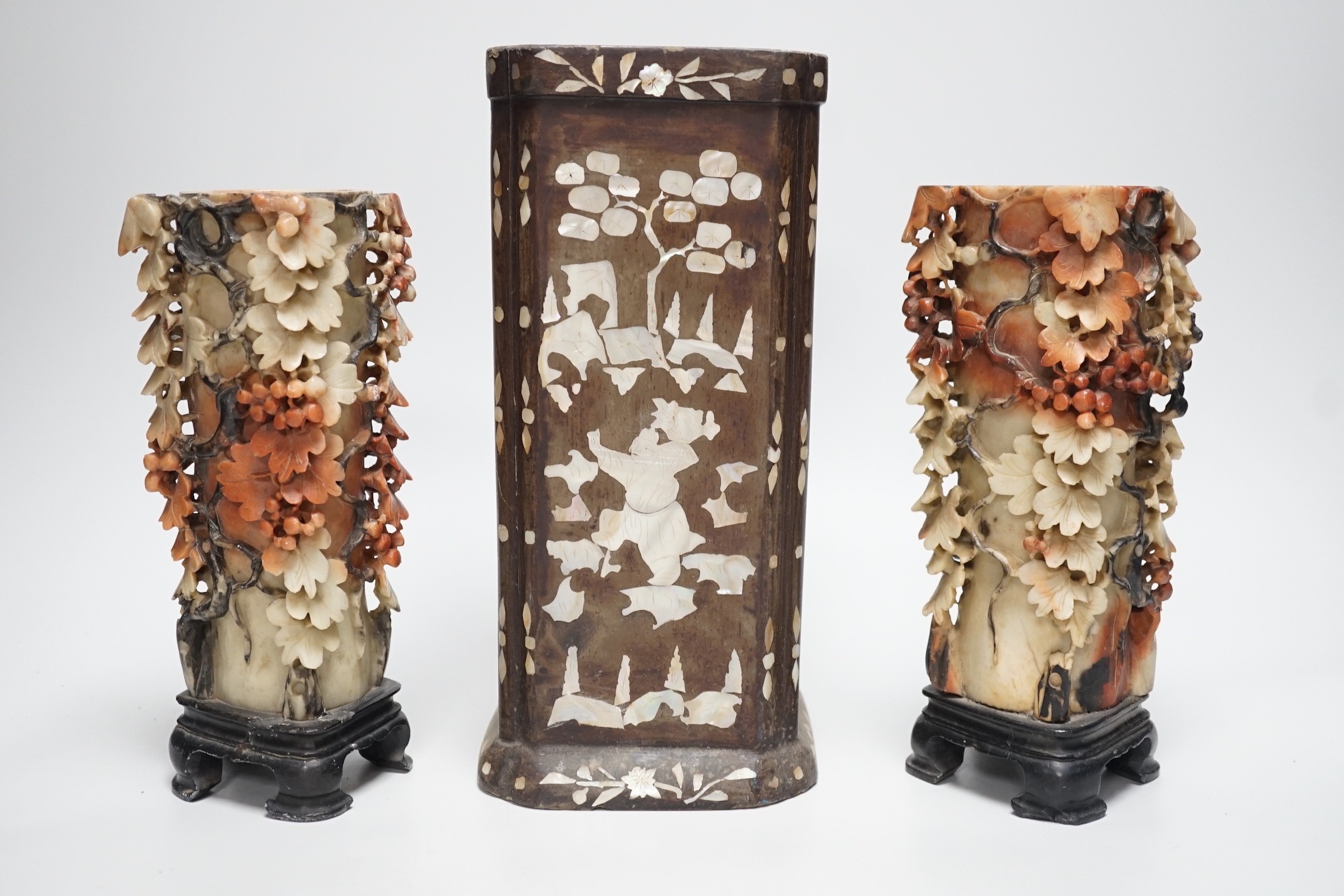 A pair of Chinese soapstone vases and a mother-of-pearl and papier mache inlaid brushpot Tallest - Image 3 of 3