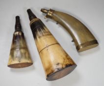 Three various 19th century horn flasks/beakers. Largest 25cm wide