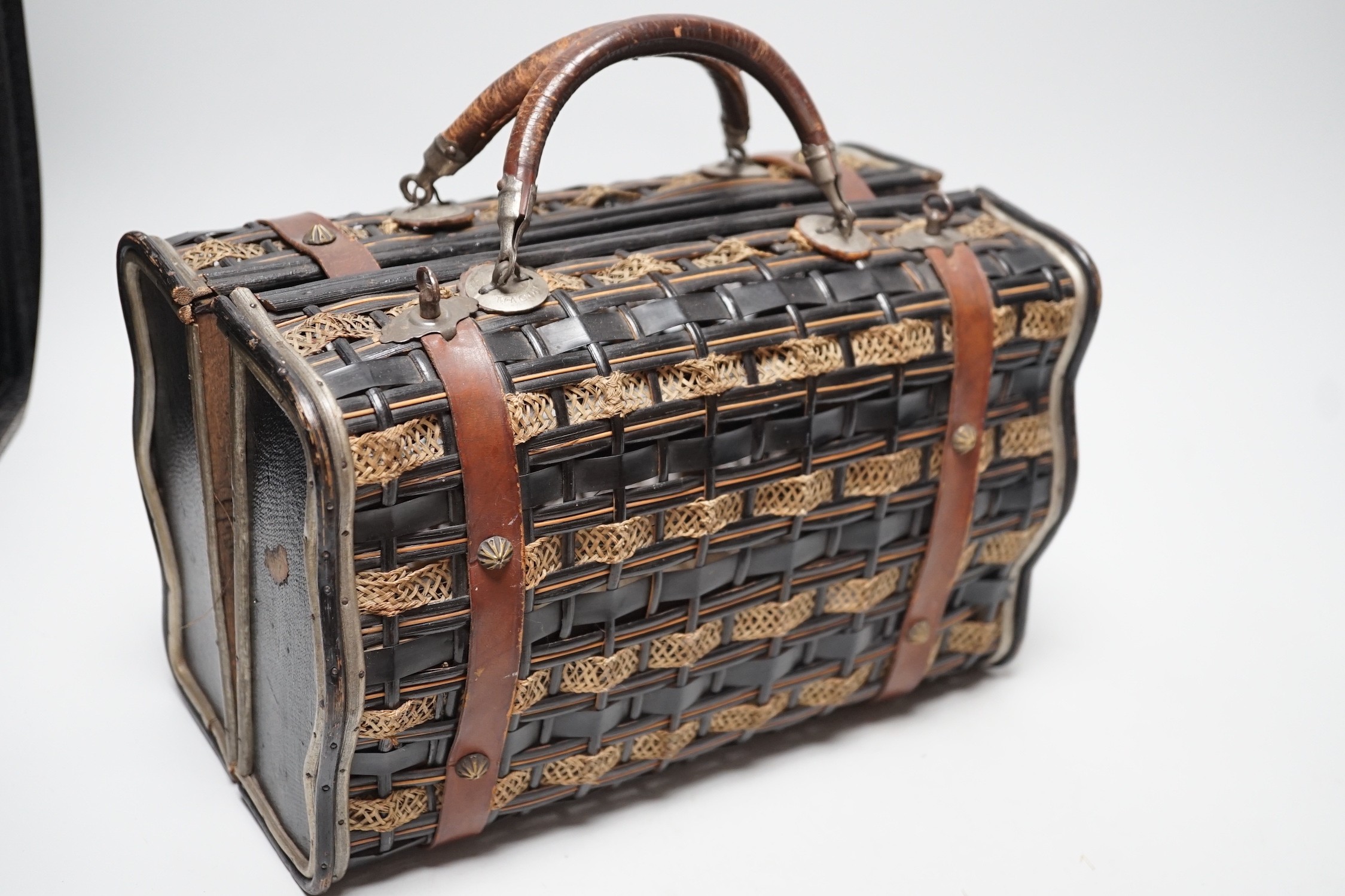 An unusual Edwardian straw and braided basket/bag, a French late 19th century basket with makers - Image 5 of 5