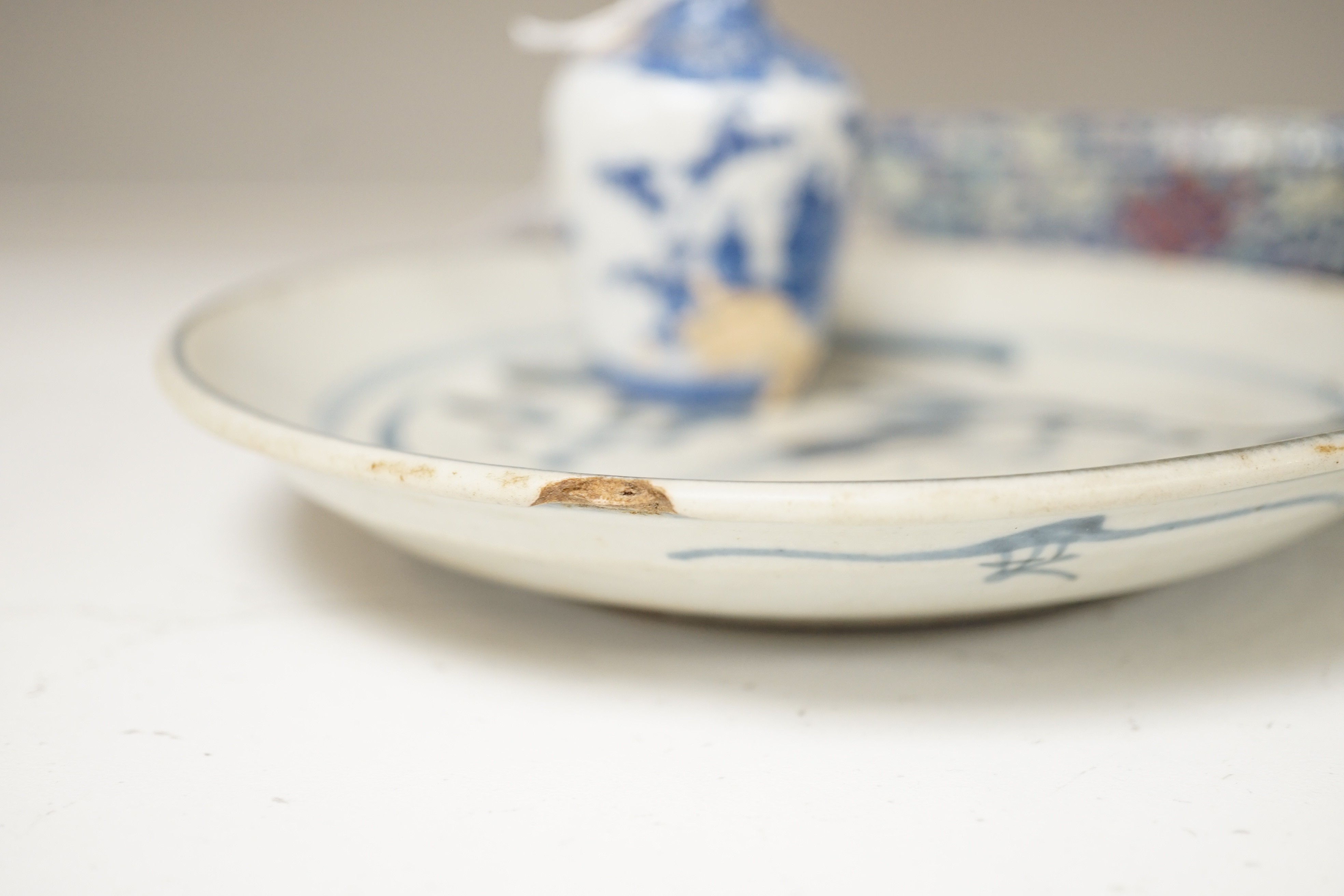 A Chinese enamelled porcelain cup stand, 15.2 cm, two Chinese blue and white plates and a small - Image 6 of 8