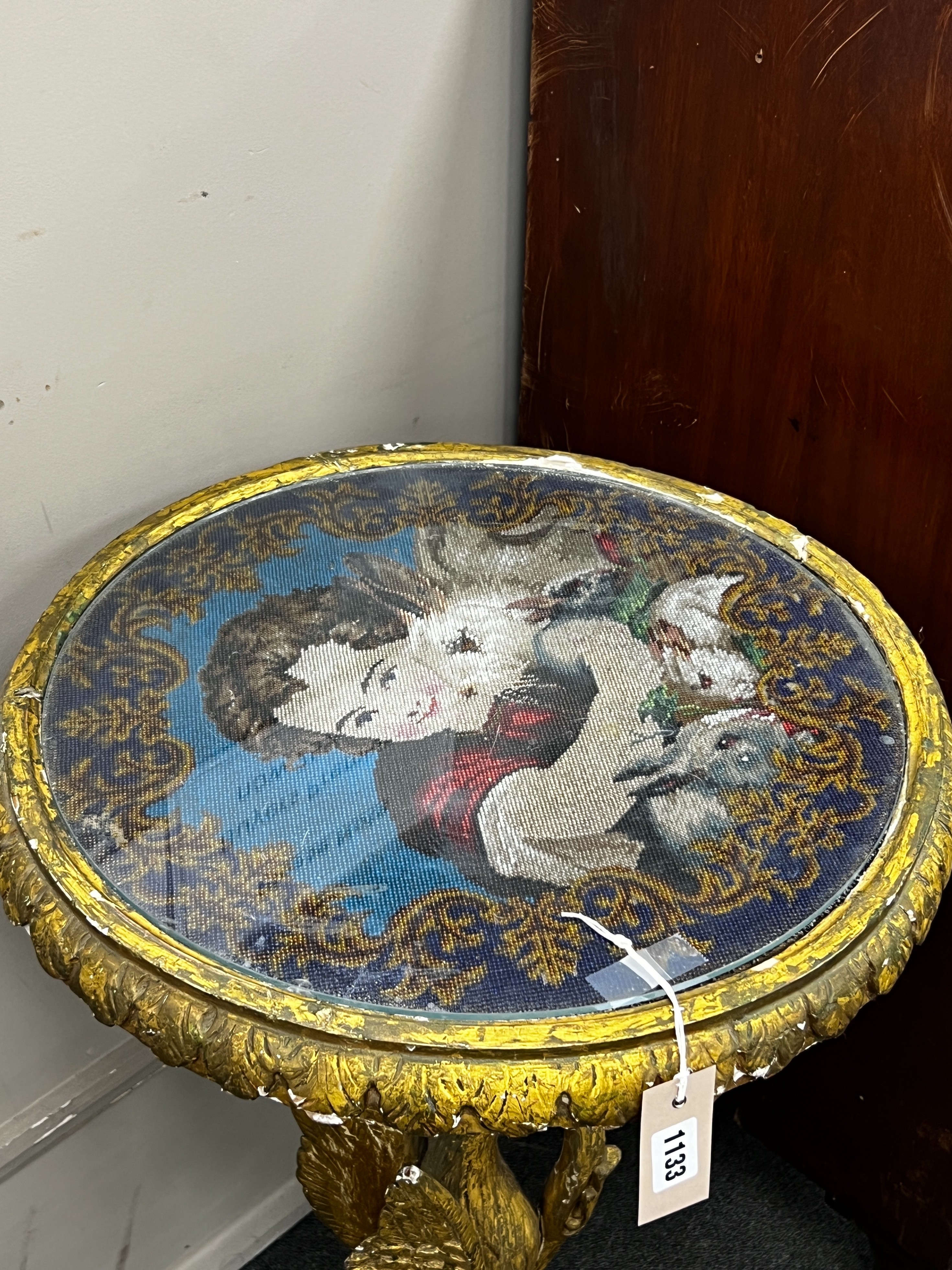 A Victorian giltwood and composition circular centre table with polychrome beadwork top on a - Bild 2 aus 4