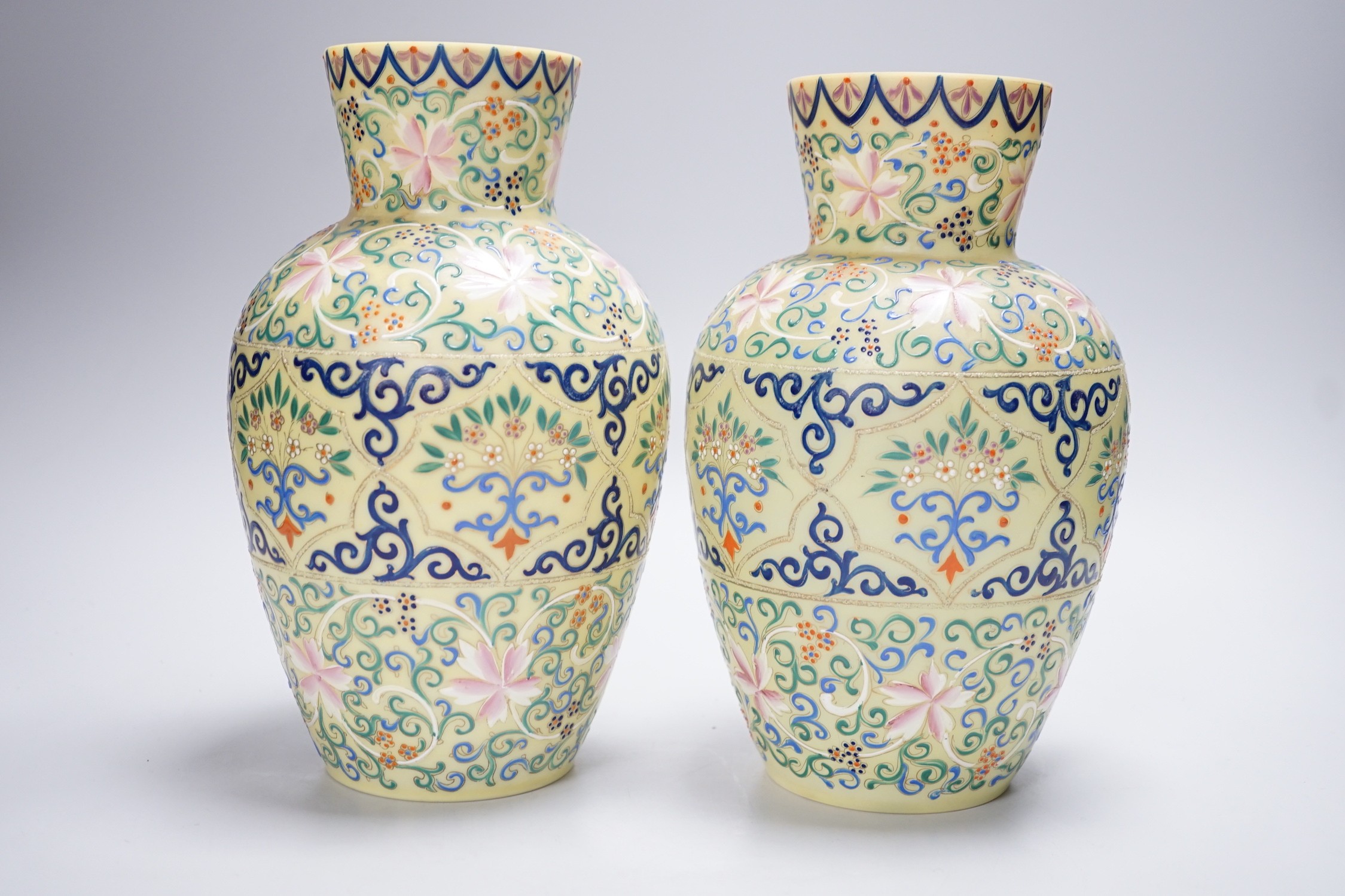 A pair of French enamelled glass vases, Persian inspired, 25.5cm - Image 2 of 4