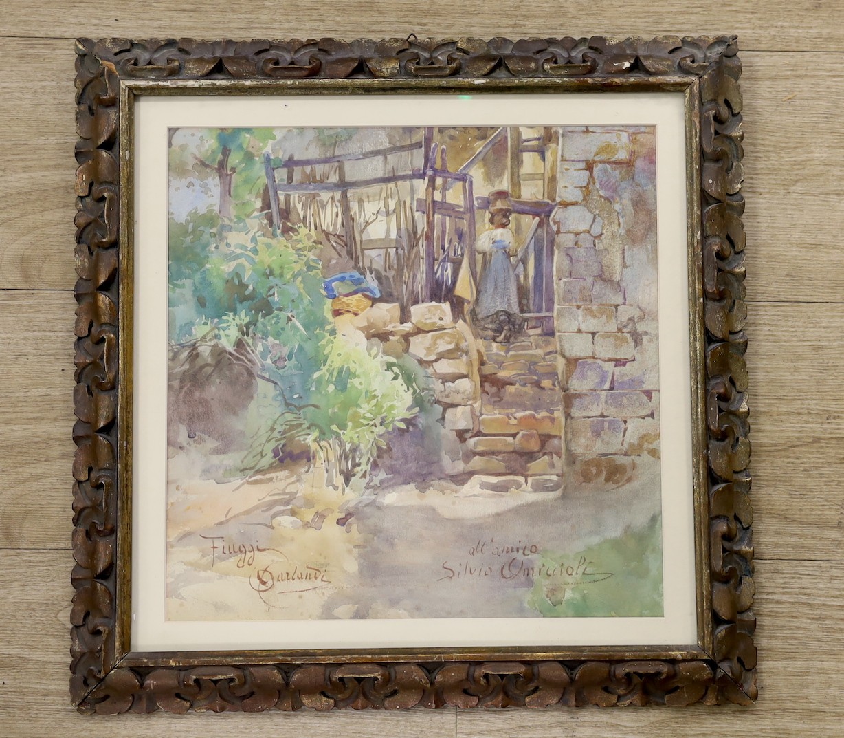 Oronato Carlandi (Italian, 1848-1939), watercolour, View of Fiuggi, signed and inscribed, 34 x 34cm - Image 2 of 2