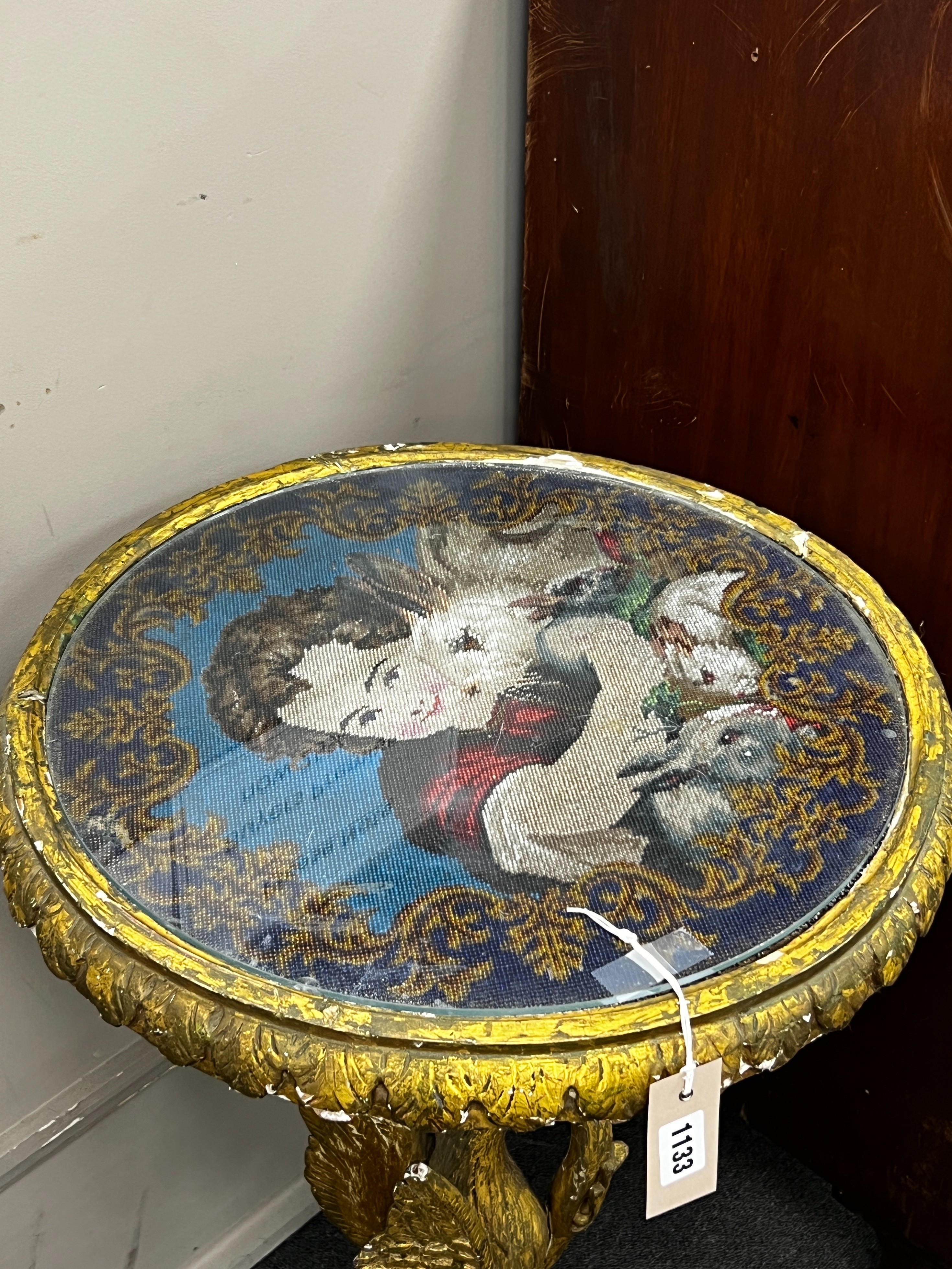 A Victorian giltwood and composition circular centre table with polychrome beadwork top on a - Bild 3 aus 4