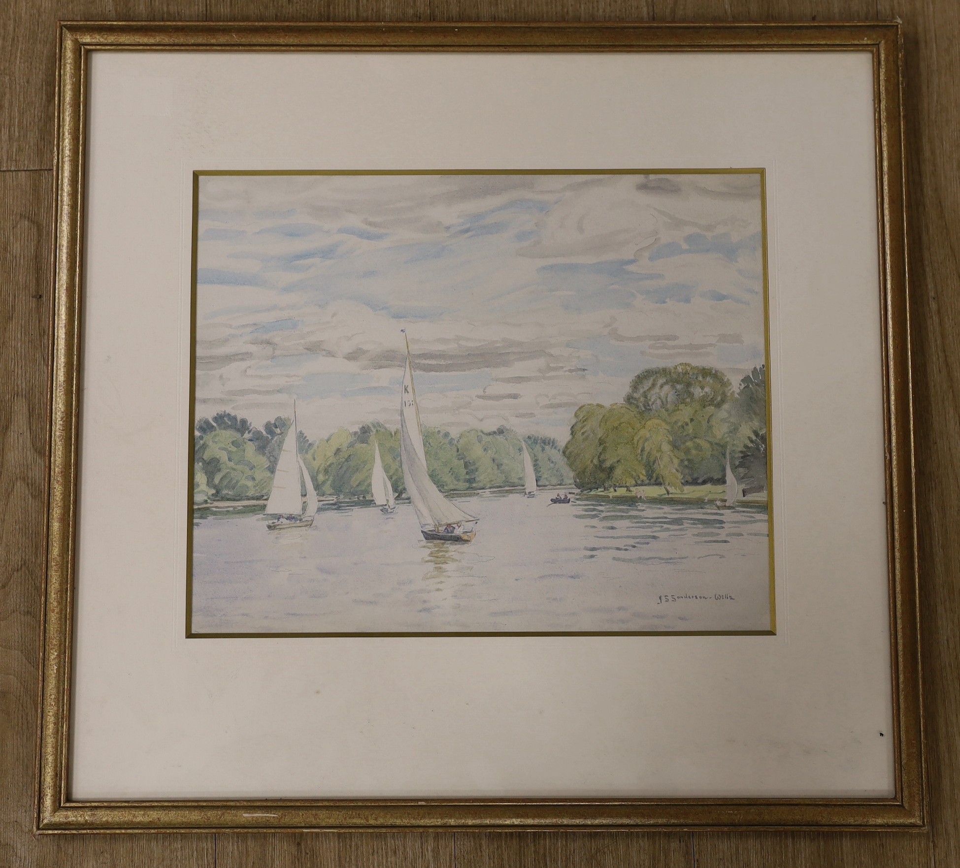 John Sanderson Sanderson-Wells RI (1872-1955), watercolour, 'Sailing, Kingston Reach', signed, 35 - Image 2 of 5