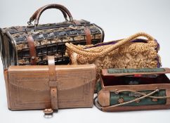 An unusual Edwardian straw and braided basket/bag, a French late 19th century basket with makers