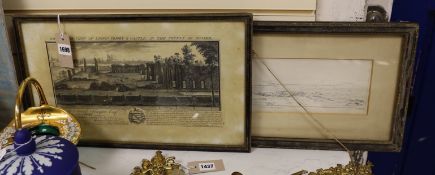 S & N Buck, engraving, View of Lewes Priory and Castle 1737, overall 26 x 45cm, and an engraving