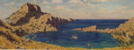 Ernest Knight (1915-1995), oil on board, 'St Paul's Bay, Lindos, Rhodes', signed, 32 x 83cm
