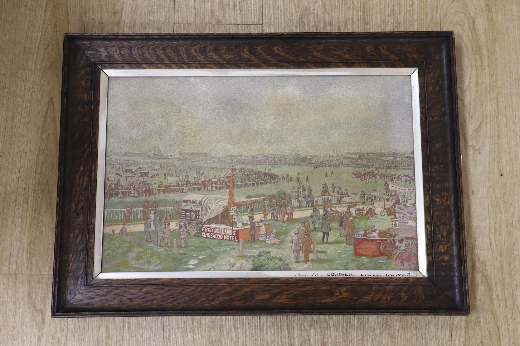 An early 20th century needlework panel depicting Tattenham Corner, Epsom Downs Racecourse, 38 x - Image 2 of 2