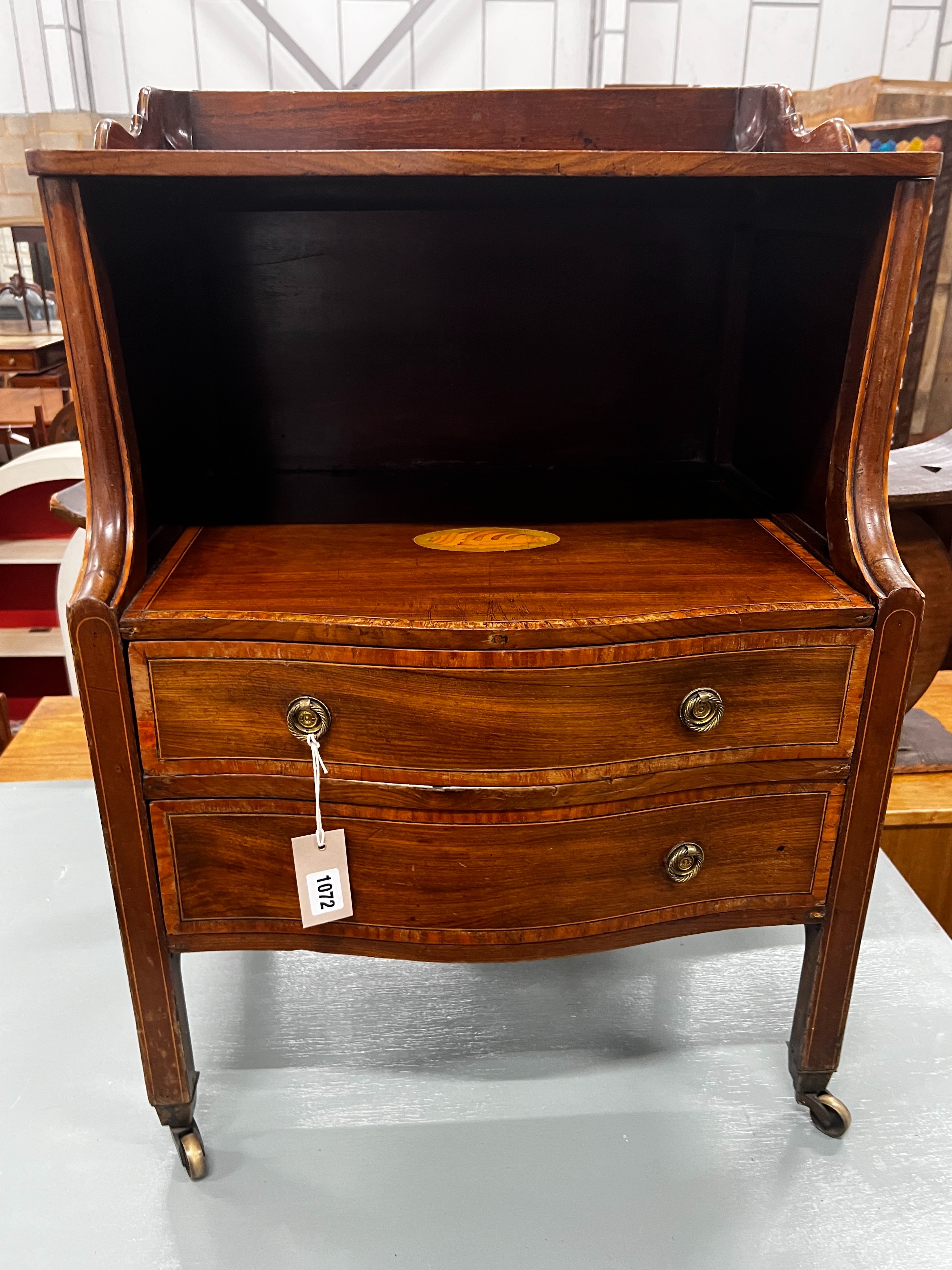 A George III inlaid mahogany serpentine front bedside chest, width 55cm, depth 42cm, height 80cm - Image 2 of 3