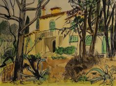 J.P. Cazals, ink and watercolour, Mediterranean villa, signed and dated '56, 22 x 30cm, unframed