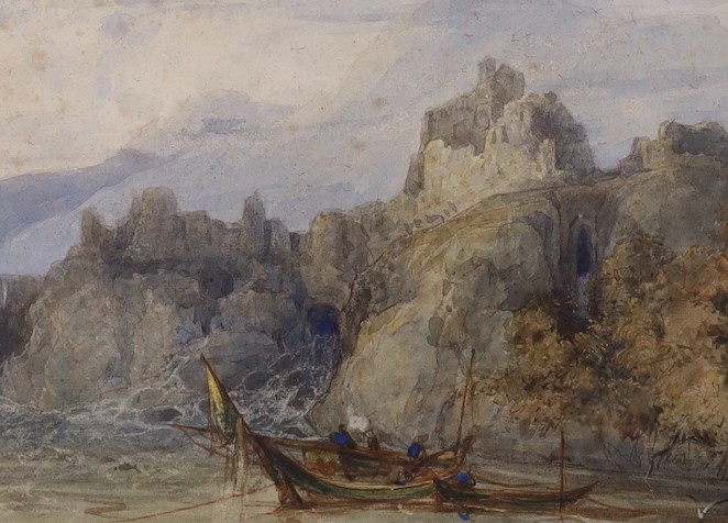 François Louis Thomas Francia (1772–1839), watercolour, Coastal scene with figures, shipping and