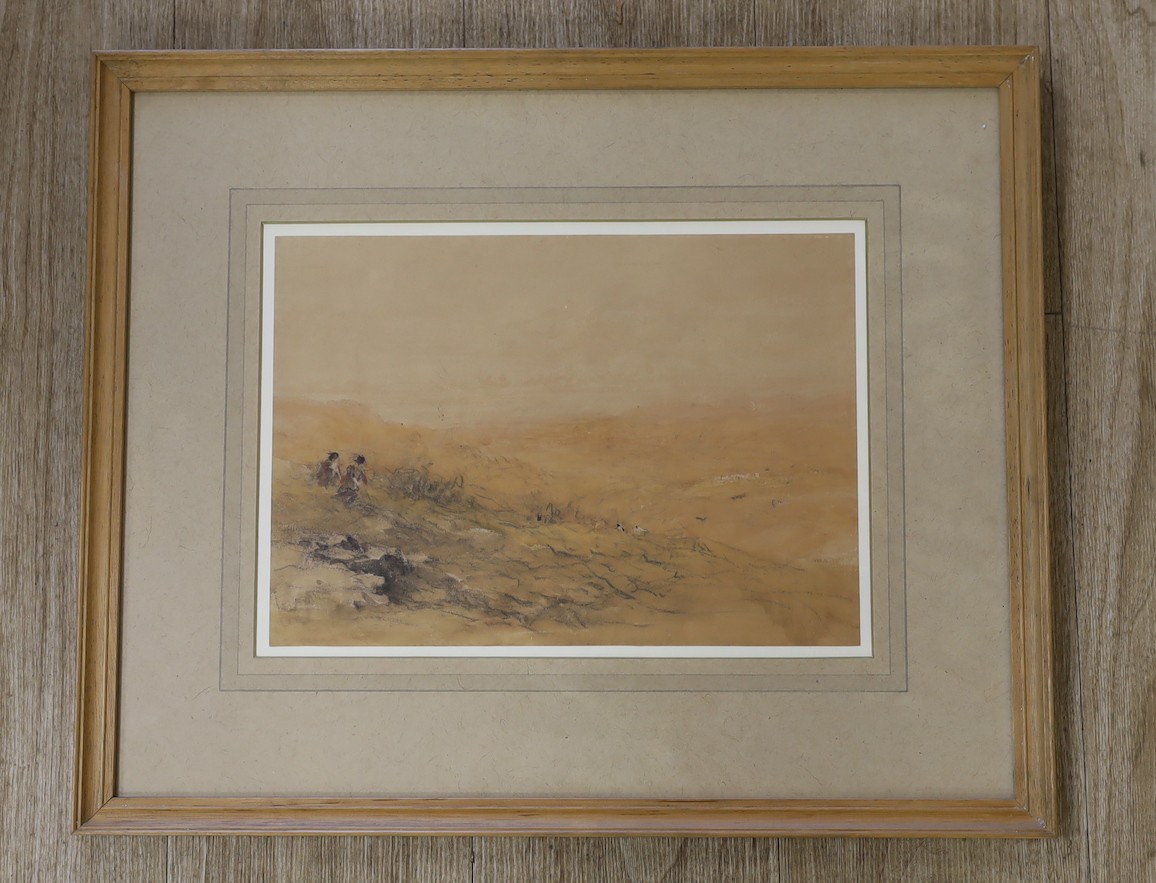 David Cox Snr (1783-1859), watercolour and black chalk, Shepherds running down a Welsh Hillside, - Image 2 of 2