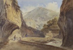 19th century English School, watercolour, Goat herders in an Italian mountain pass, 26 x 36cm, maple