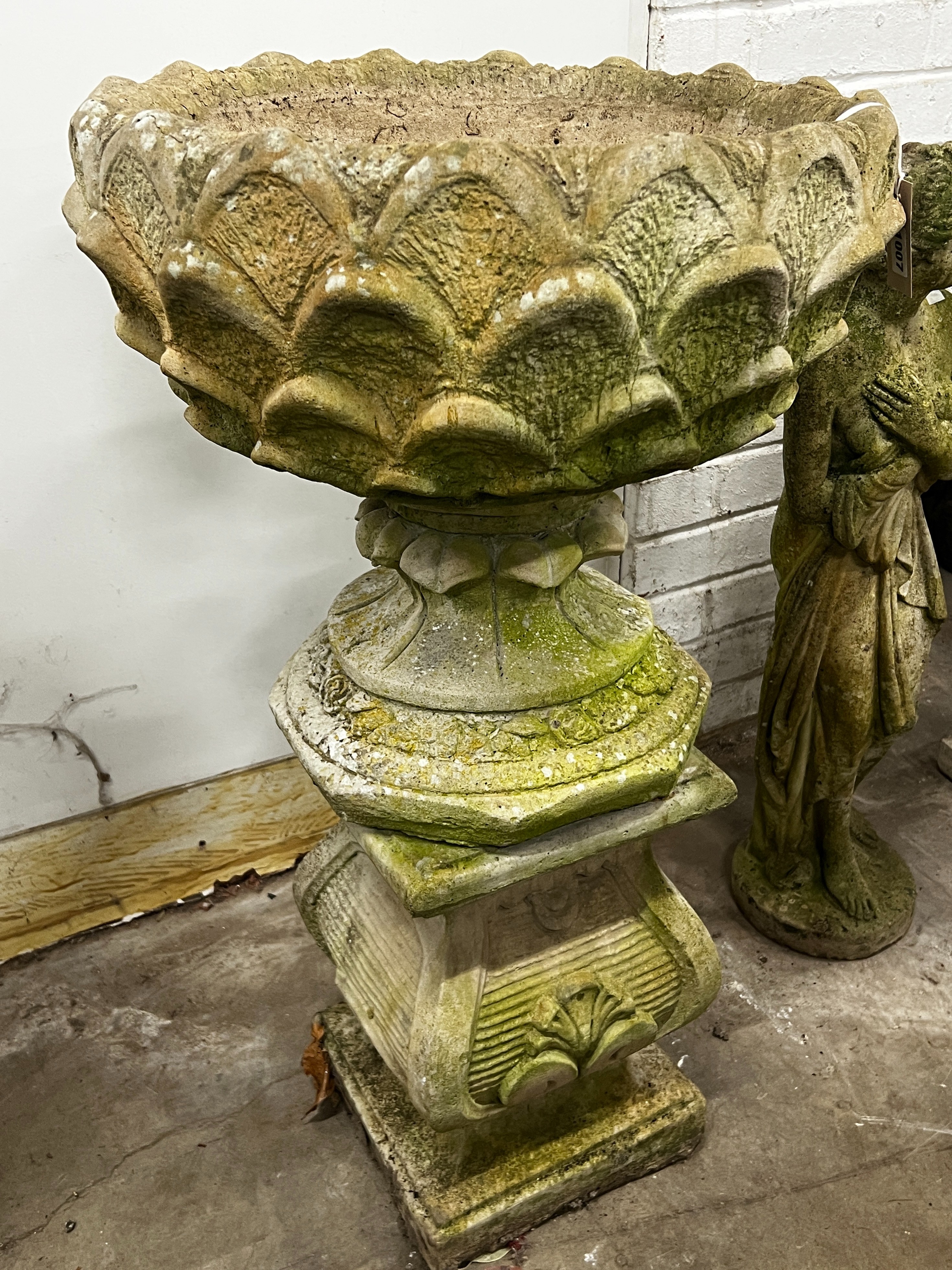 A reconstituted stone circular garden planter on square plinth, diameter 52cm, height 89cm - Image 2 of 3