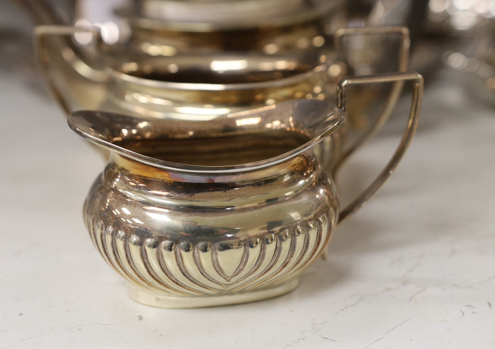 A large quantity of plated wares including two entree dishes and covers, a three-piece tea set etc. - Image 2 of 5