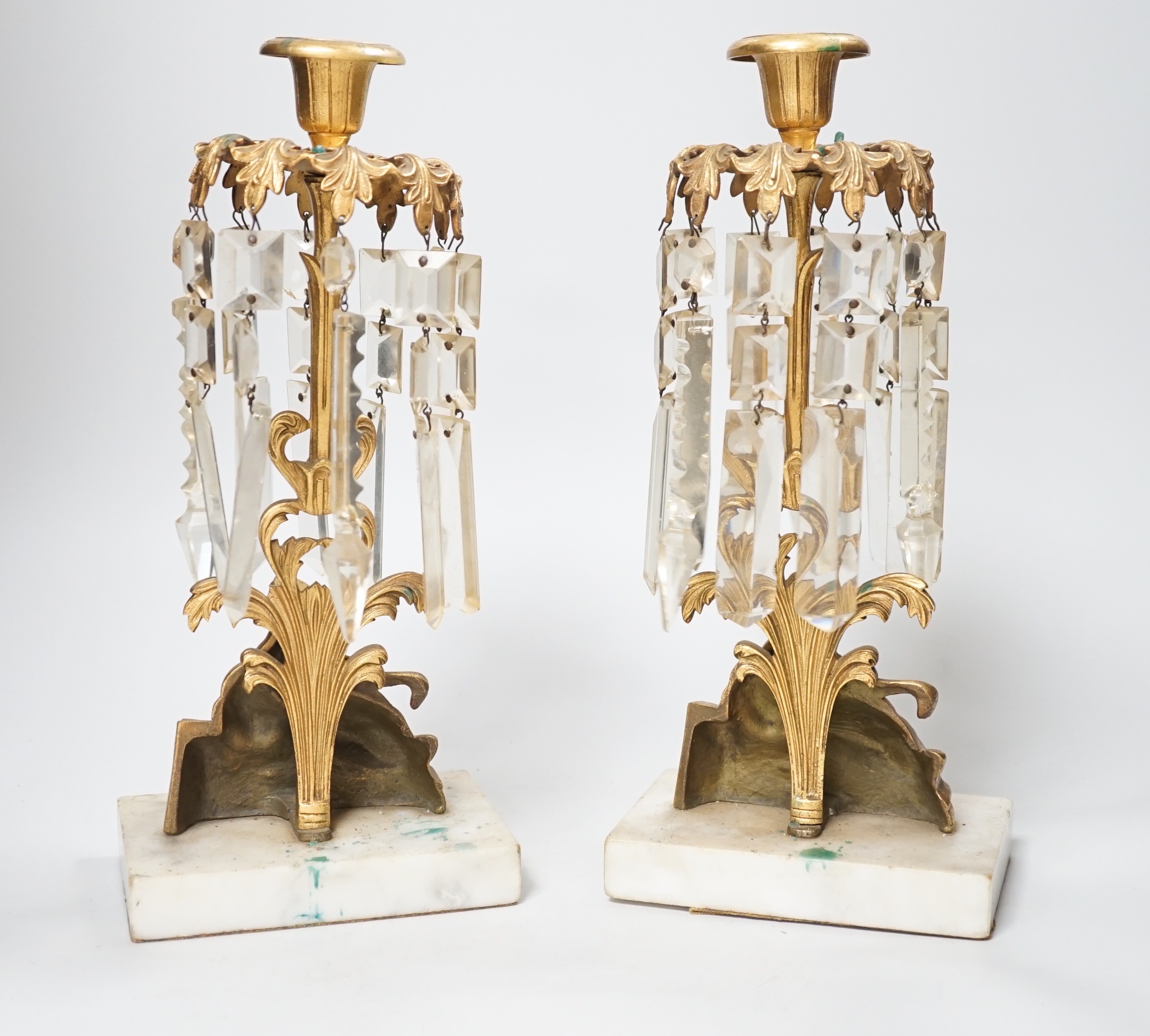 A pair of figural gilt metal table candlestick lustres on marble bases. 30cm tall - Image 3 of 3