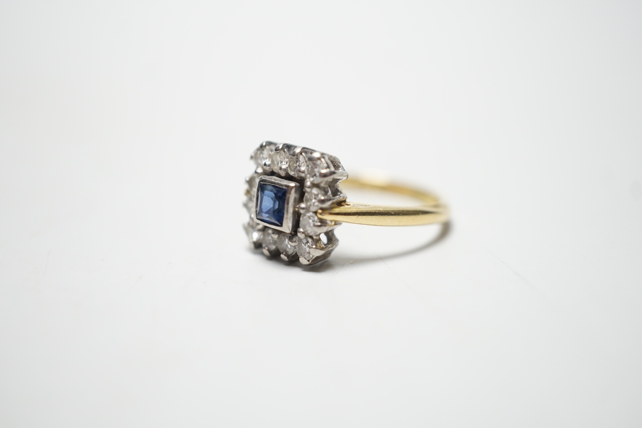 A 1960's 18ct gold, sapphire and diamond set square cluster ring, size N, gross 4.2 grams. - Image 2 of 4