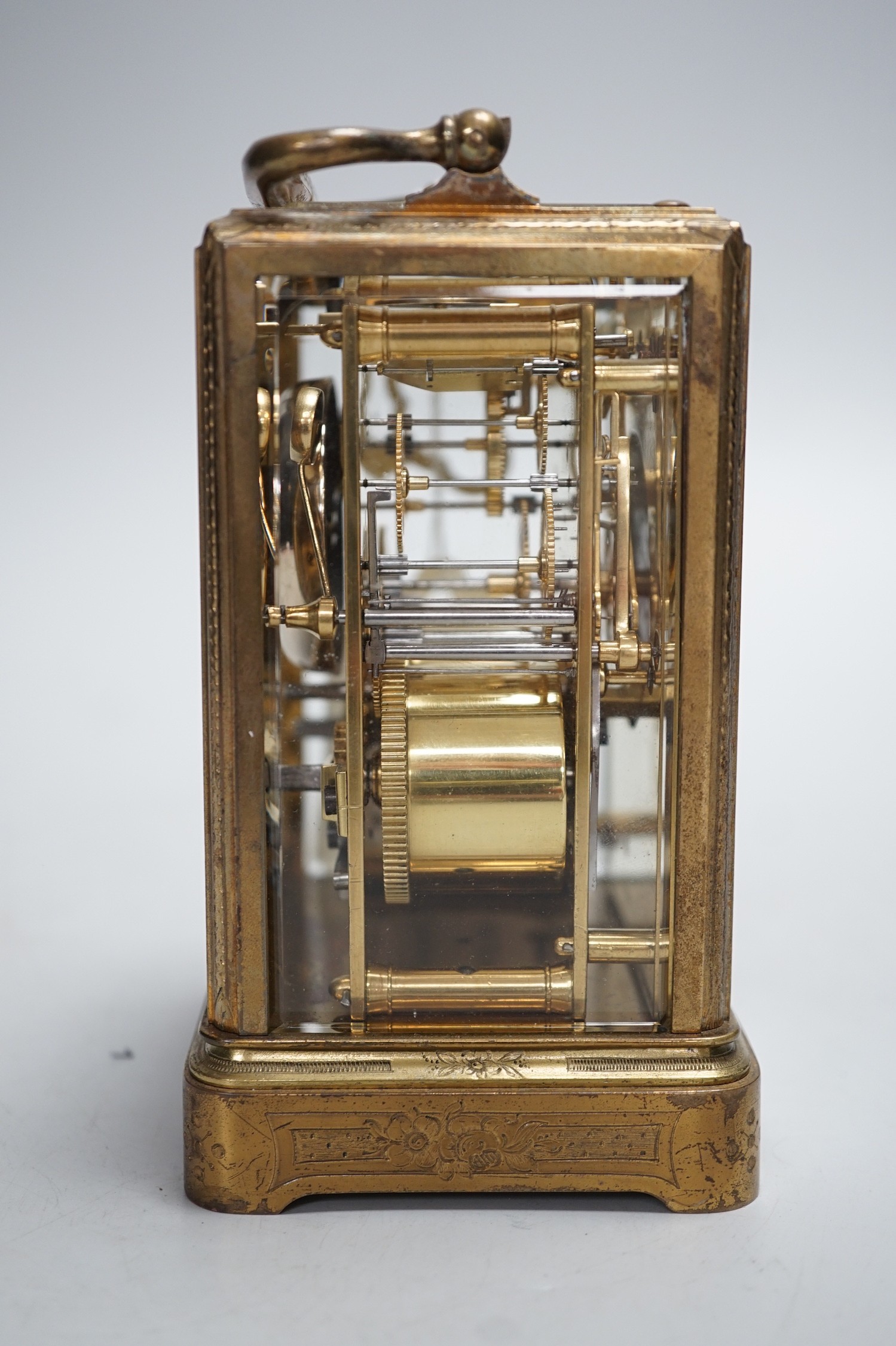 A 19th century French chased gilt brass cased carriage clock with black Roman dials and second - Image 2 of 5