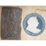 An 18th century carved oak panel together with a commemorative rounded ‘presented by the British and