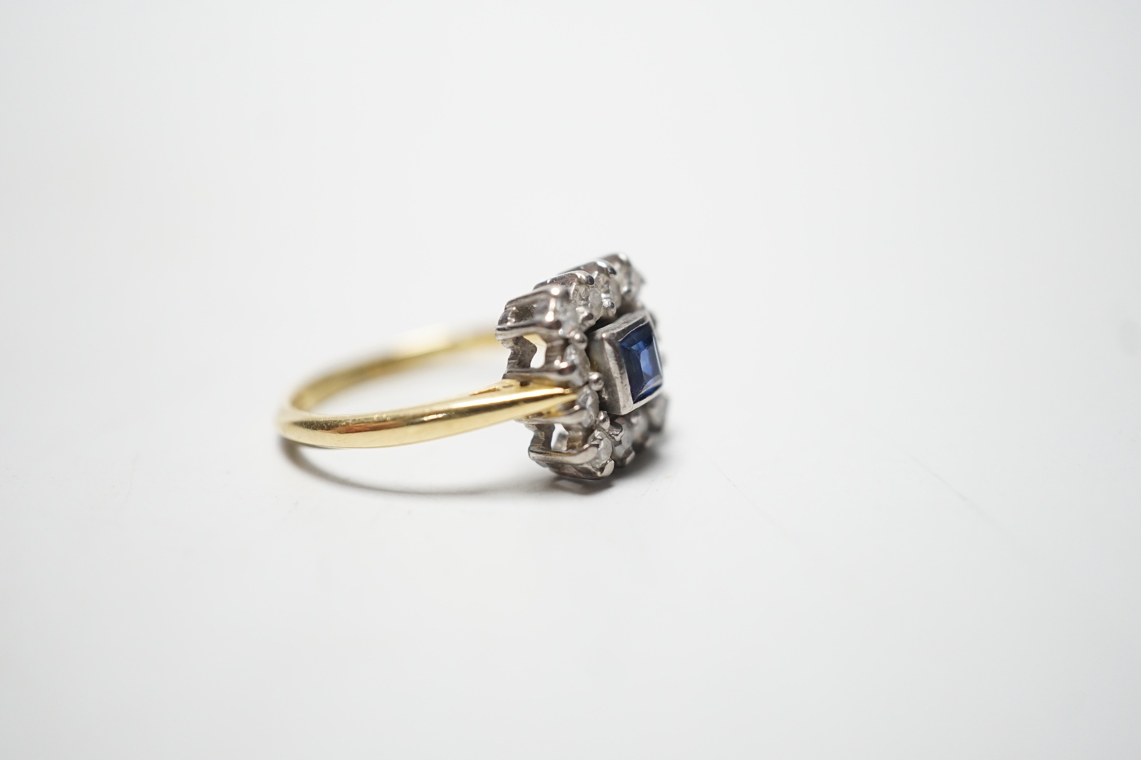 A 1960's 18ct gold, sapphire and diamond set square cluster ring, size N, gross 4.2 grams. - Image 3 of 4