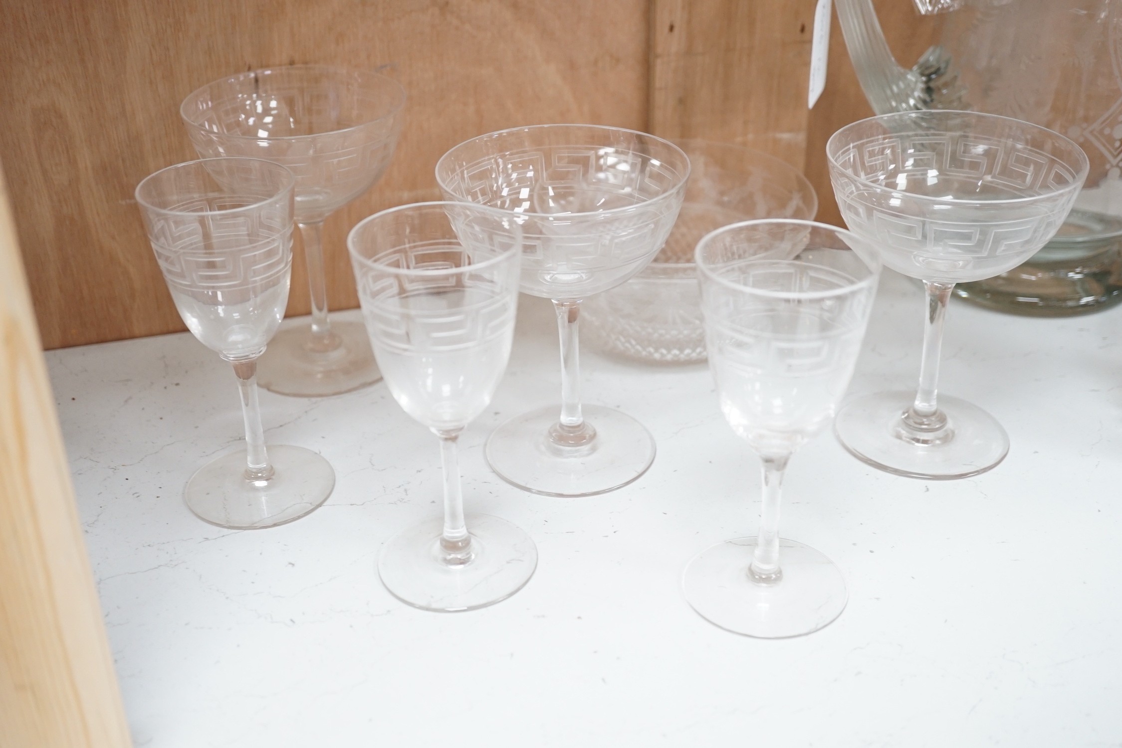 A selection of various engraved glassware, together with a cut glass decanter and stylish jug. - Image 2 of 7