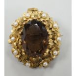 A yellow metal, oval cut brown quartz and cultured pearl set pendant brooch, 34mm, gross weight 12.8