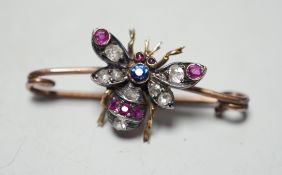 A late Victorian yellow metal, ruby, sapphire and diamond set bug brooch, 30mm, gross weight 2.2