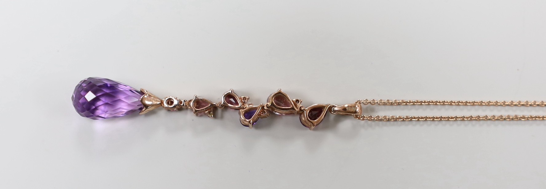 A modern 9ct gold, garnet, topaz, amethyst and diamond chip set drop pendant necklace, pendant 46mm, - Image 3 of 3