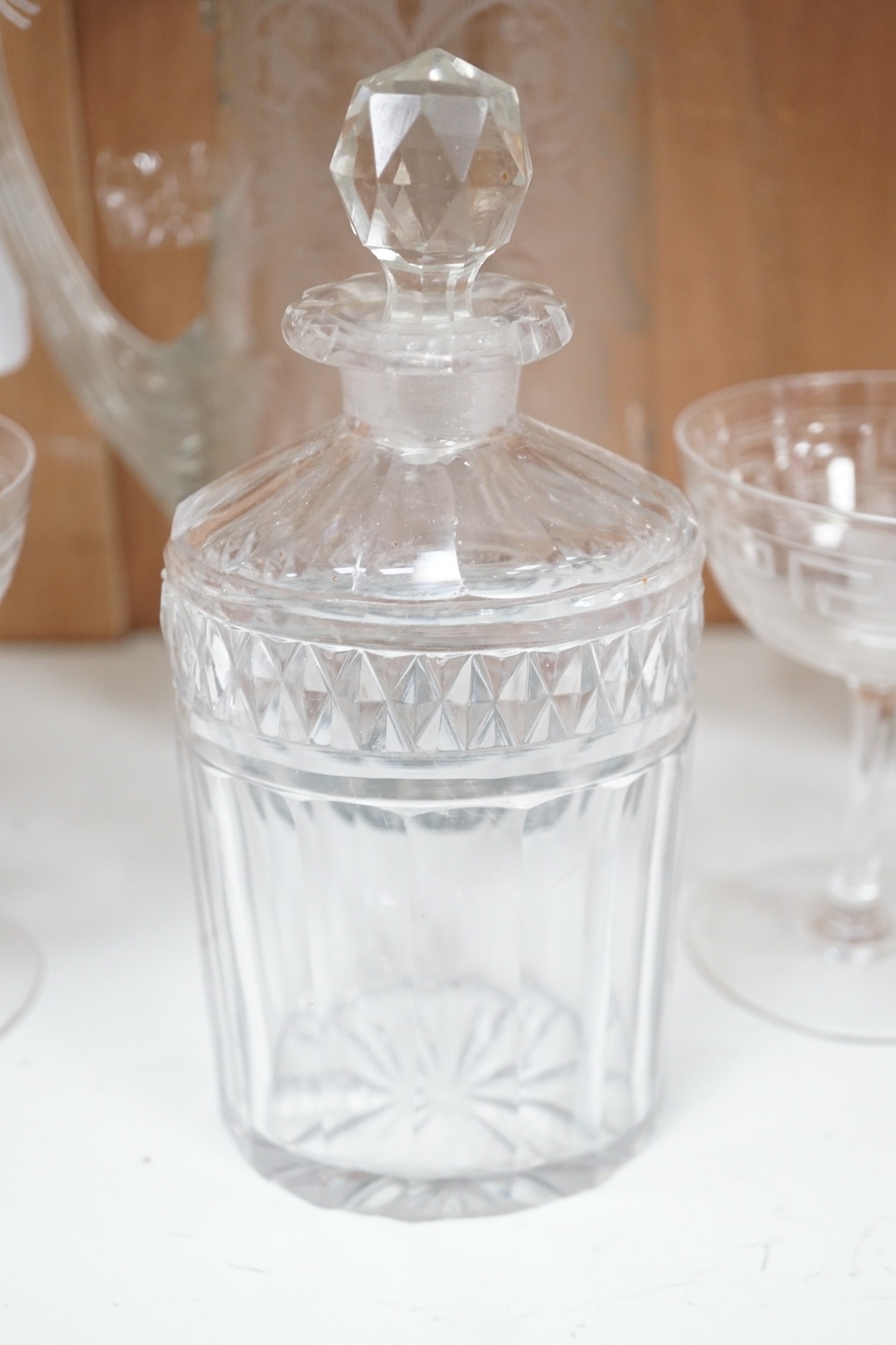 A selection of various engraved glassware, together with a cut glass decanter and stylish jug. - Image 3 of 7