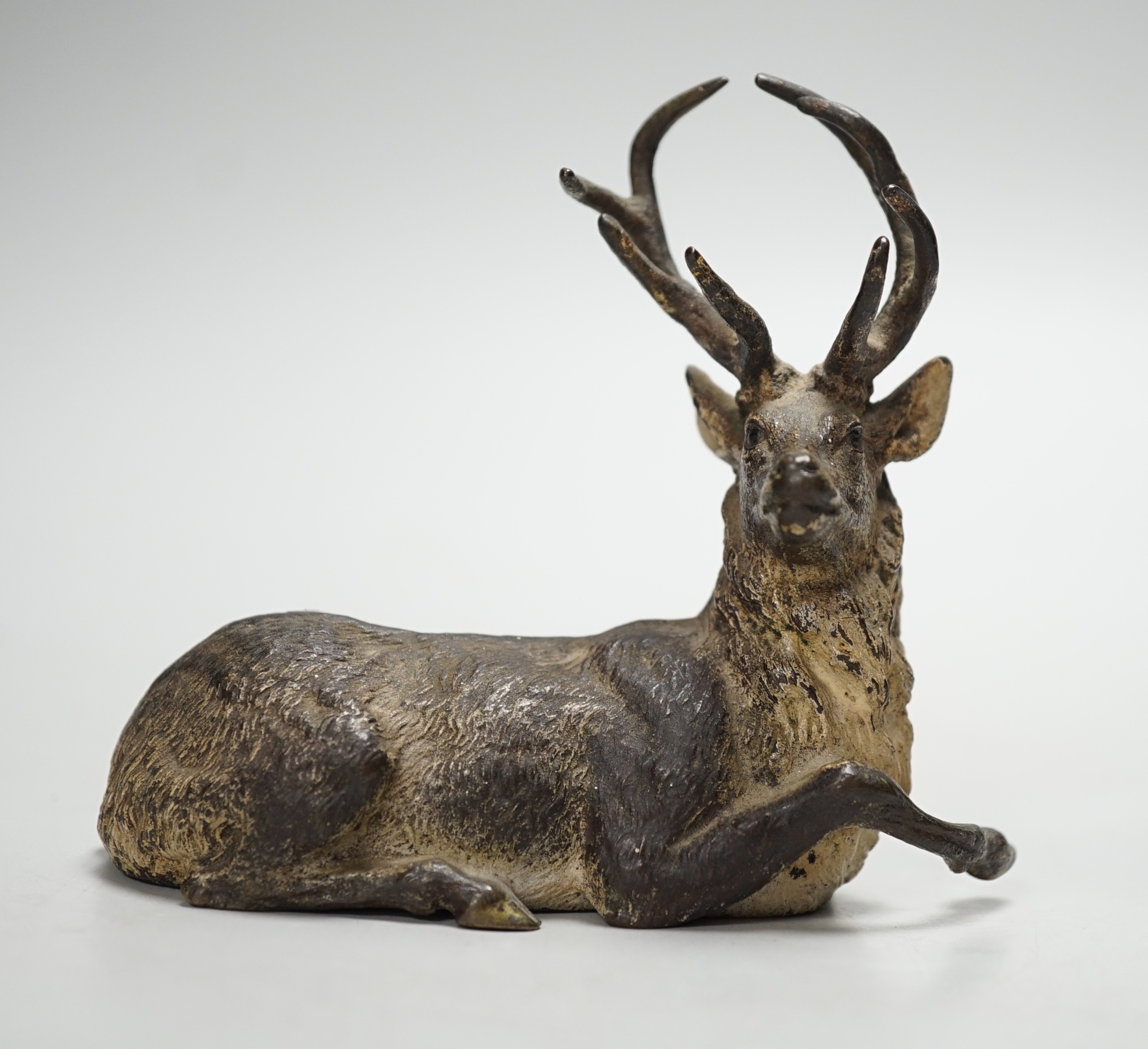 A Viennese cold-painted bronze model of a deer. 11cm wide