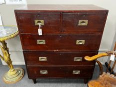 A Victorian mahogany two part campaign chest of two short and three long drawers, width 91cm,