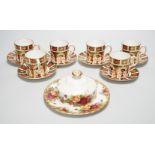 Six Royal Crown Derby coffee cans and saucers and a Royal Albert Country Roses dish and cover