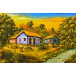 Pollanco (Haitian School), oil on canvas, Riverside houses, signed, 99 x 149cm