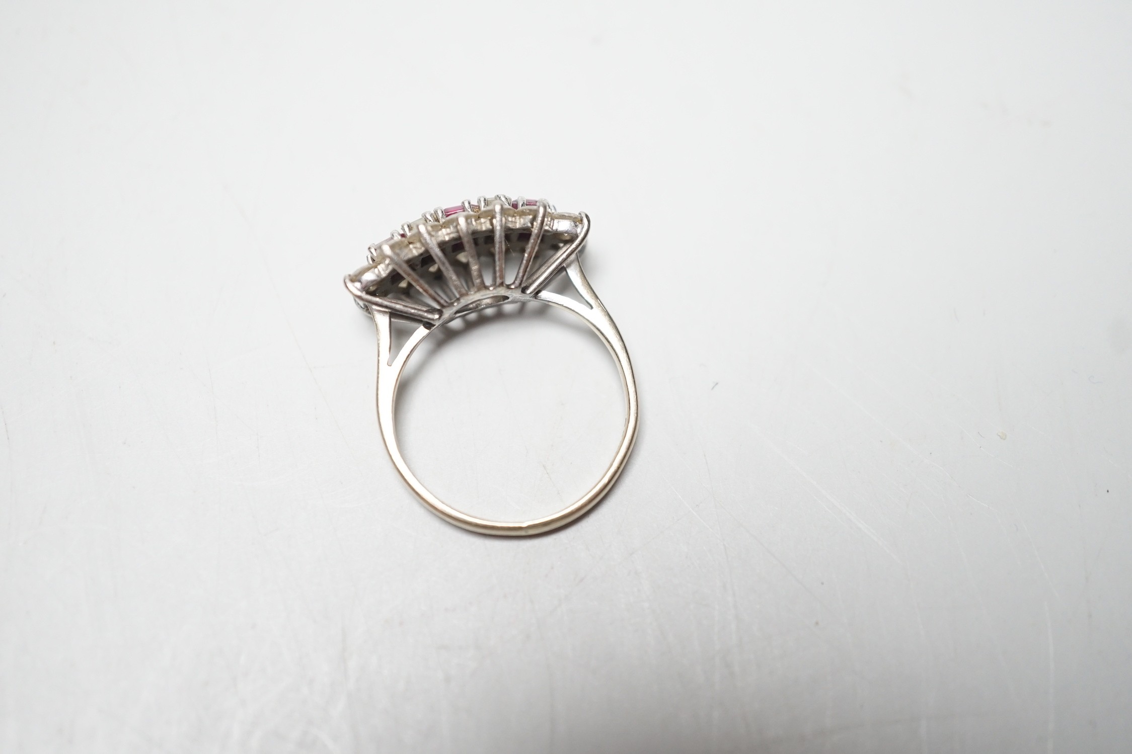 A modern 18ct white gold, square cut ruby and round and baguette cut diamond set cluster ring, - Image 4 of 4