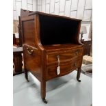 A George III inlaid mahogany serpentine front bedside chest, width 55cm, depth 42cm, height 80cm