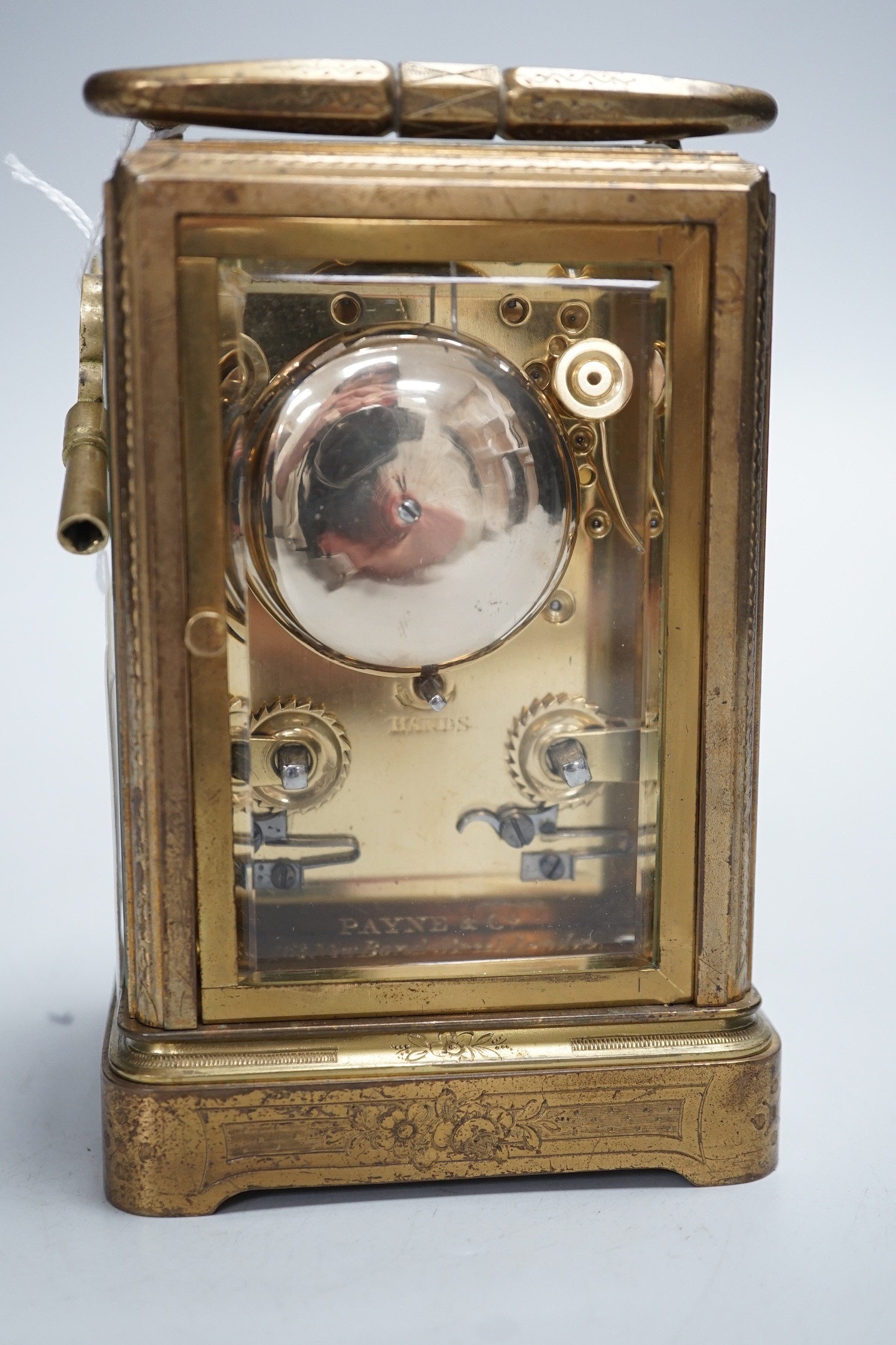 A 19th century French chased gilt brass cased carriage clock with black Roman dials and second - Image 3 of 5