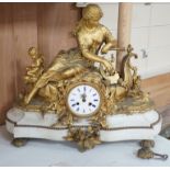 A 19th century French neoclassical revival figural ormolu and white marble clock, 39cm tall