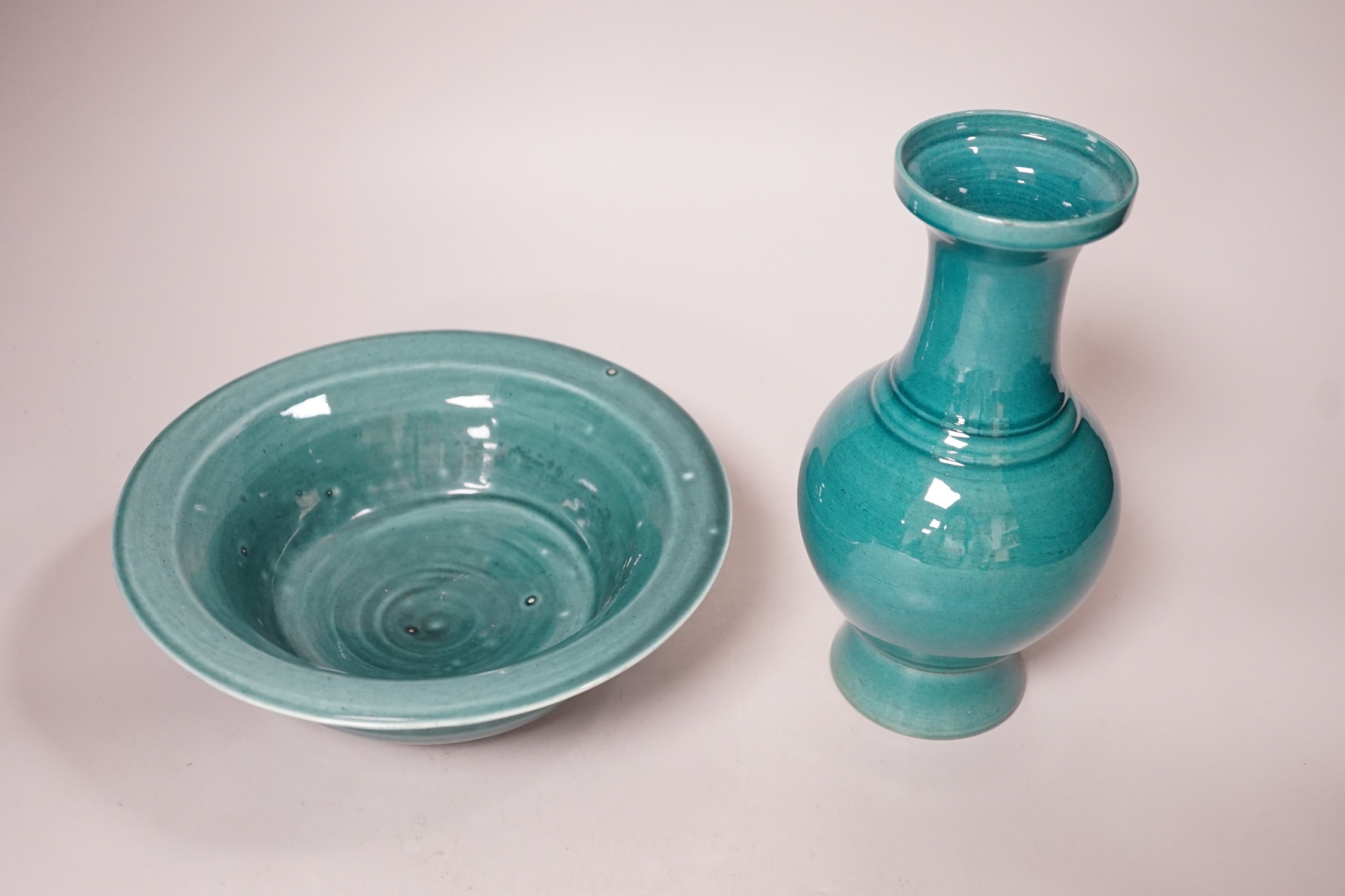 A Chinese turquoise-glazed vase and bowl. Tallest 20.5cm - Image 2 of 4