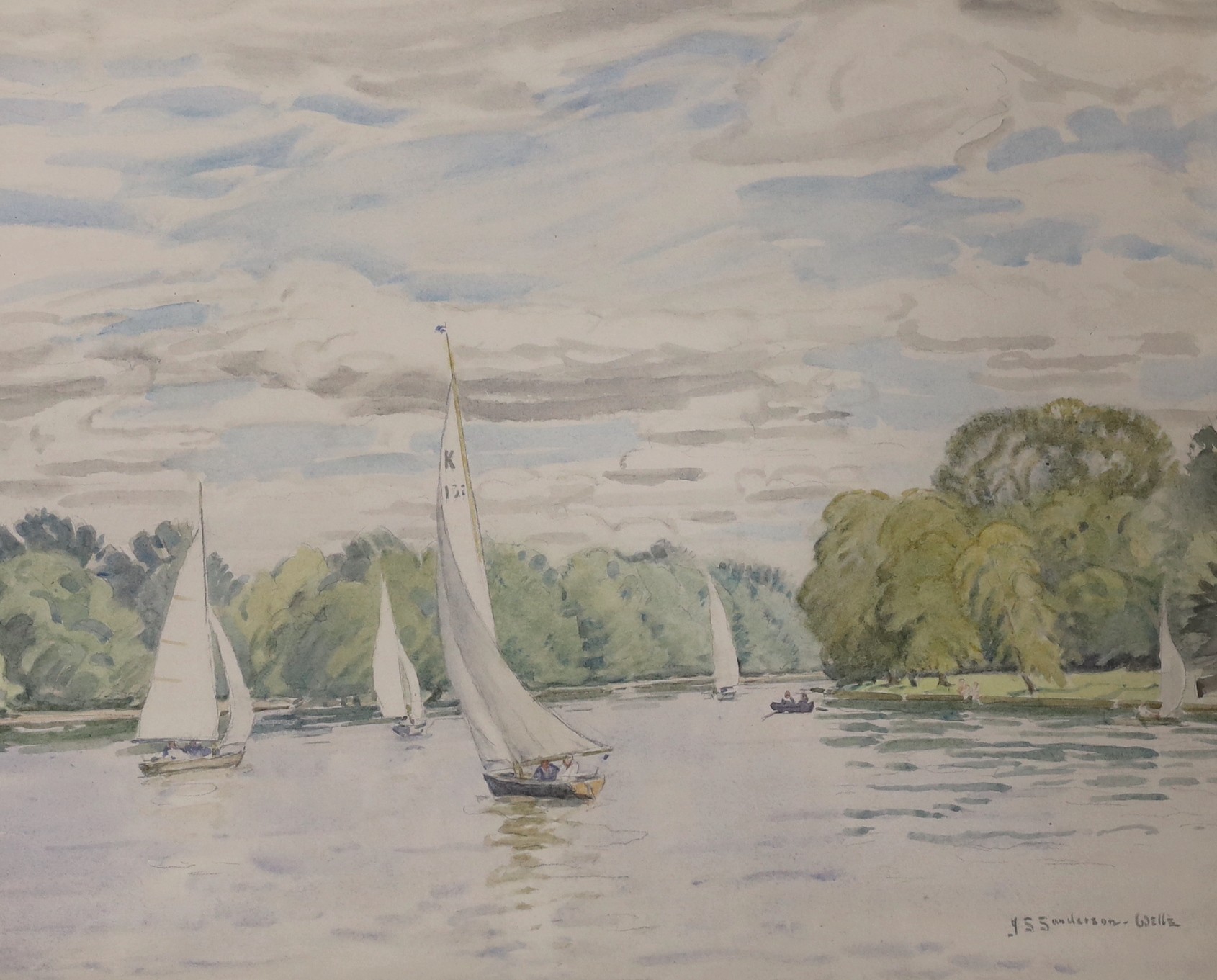 John Sanderson Sanderson-Wells RI (1872-1955), watercolour, 'Sailing, Kingston Reach', signed, 35