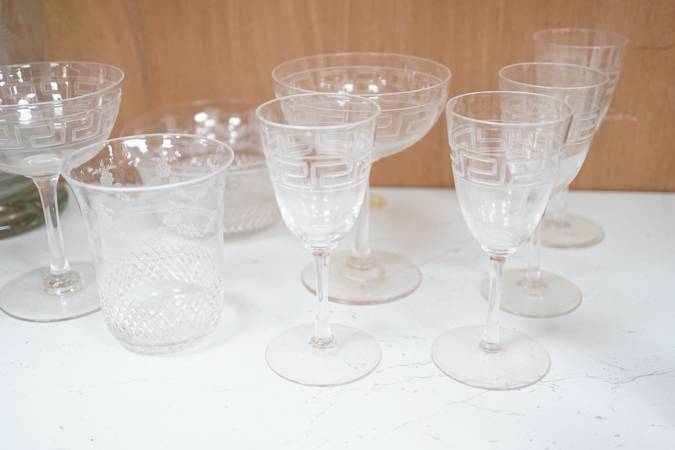 A selection of various engraved glassware, together with a cut glass decanter and stylish jug. - Image 6 of 7