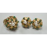 A modern continental, cultured pearl and green stone cluster set dress ring, size N, and a pair of