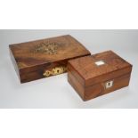 A Victorian walnut and brass 'Bezique' games box and a rosewood box. Largest 23cm wide