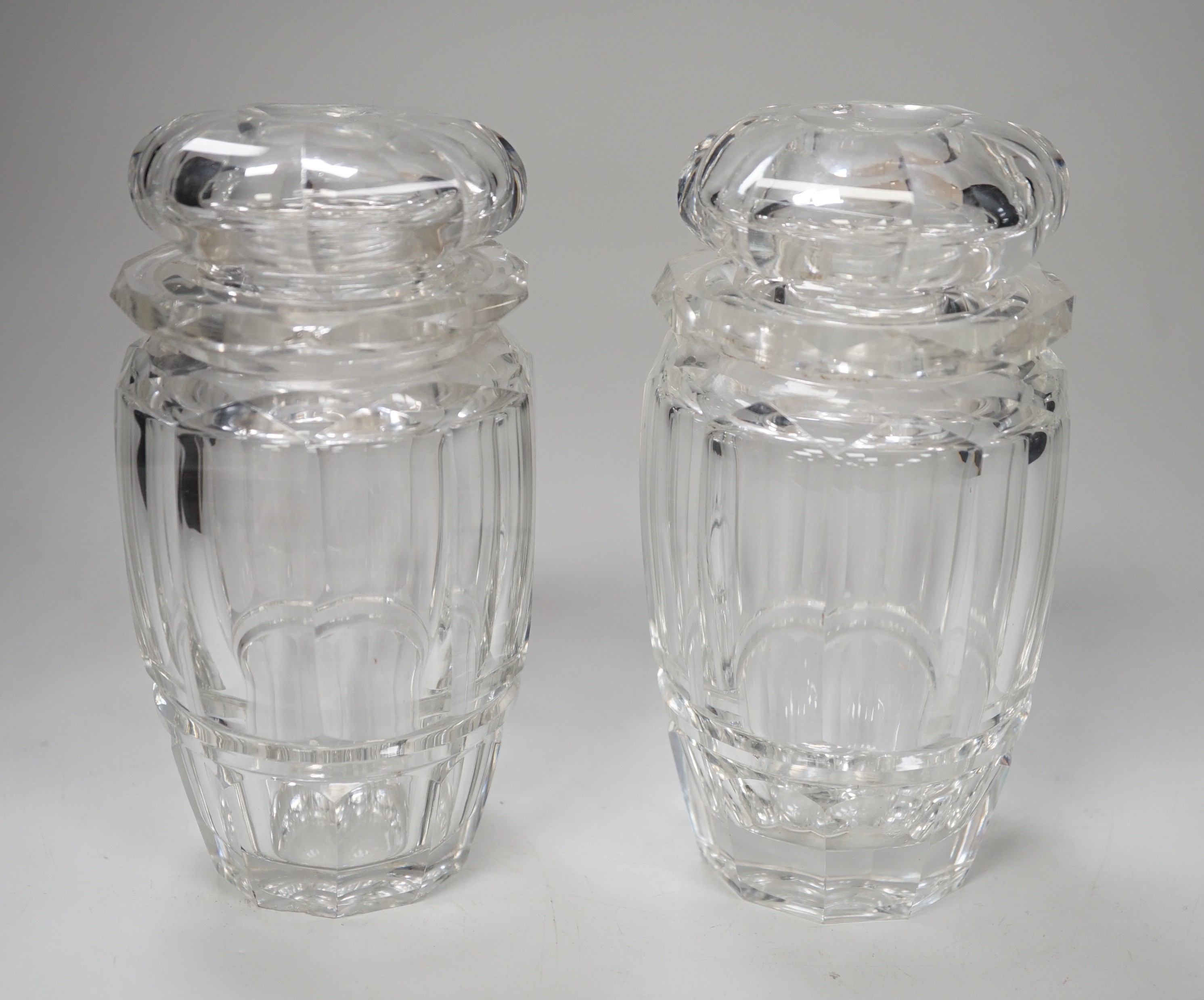 A pair of late 19th century Bohemian panel cut glass pickle jars. 15cm tall