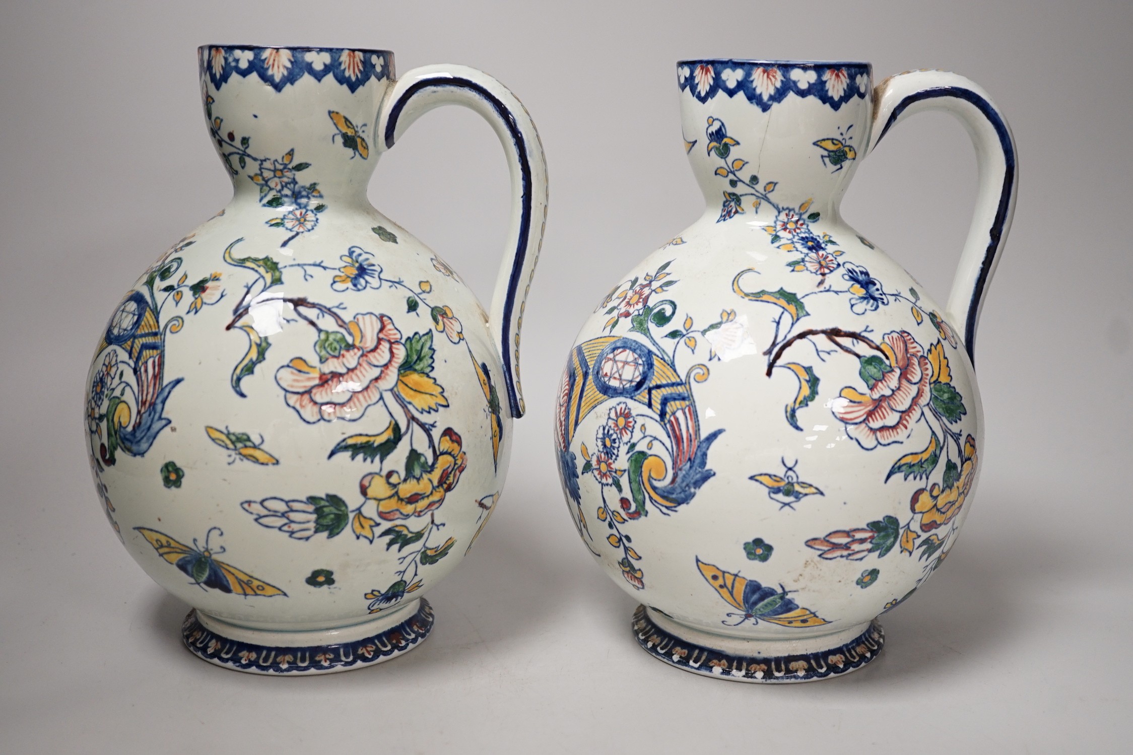 Pair of 19th/20thC French Gien Pottery ewers, Gien mark to base of both, height 22cm - Image 3 of 9